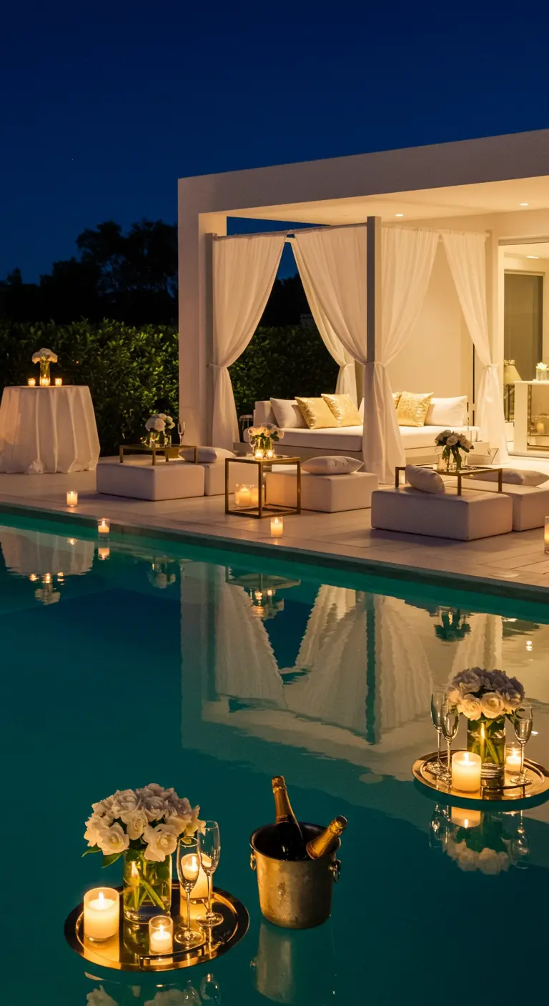 Plateaux dorés flottant sur une piscine avec champagne, verres et bougies allumées.