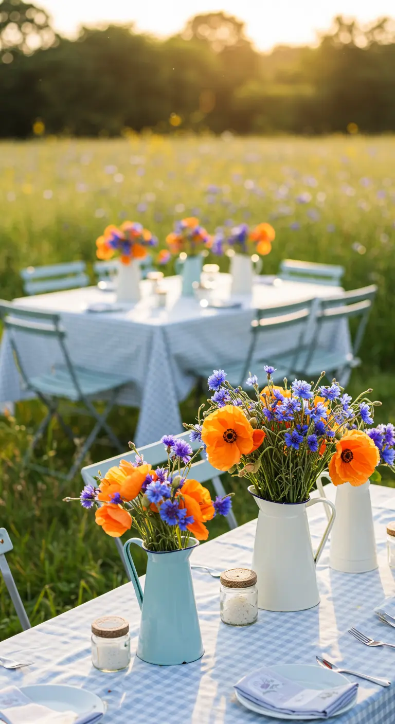 Tables dans un champ de fleurs sauvages avec des coquelicots et bleuets dans des pichets.
