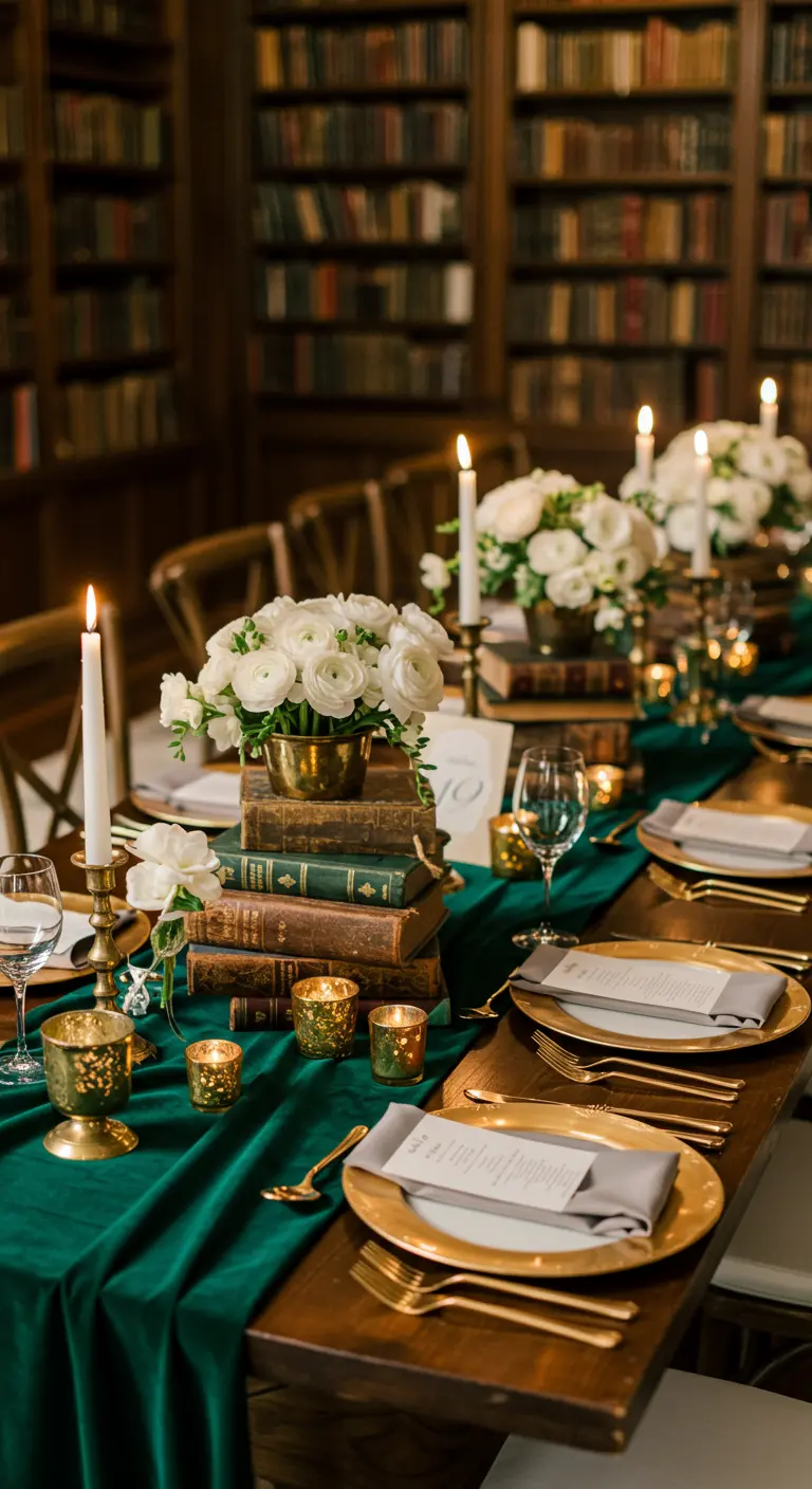 Centre de table avec des fleurs posées sur une pile de livres anciens.