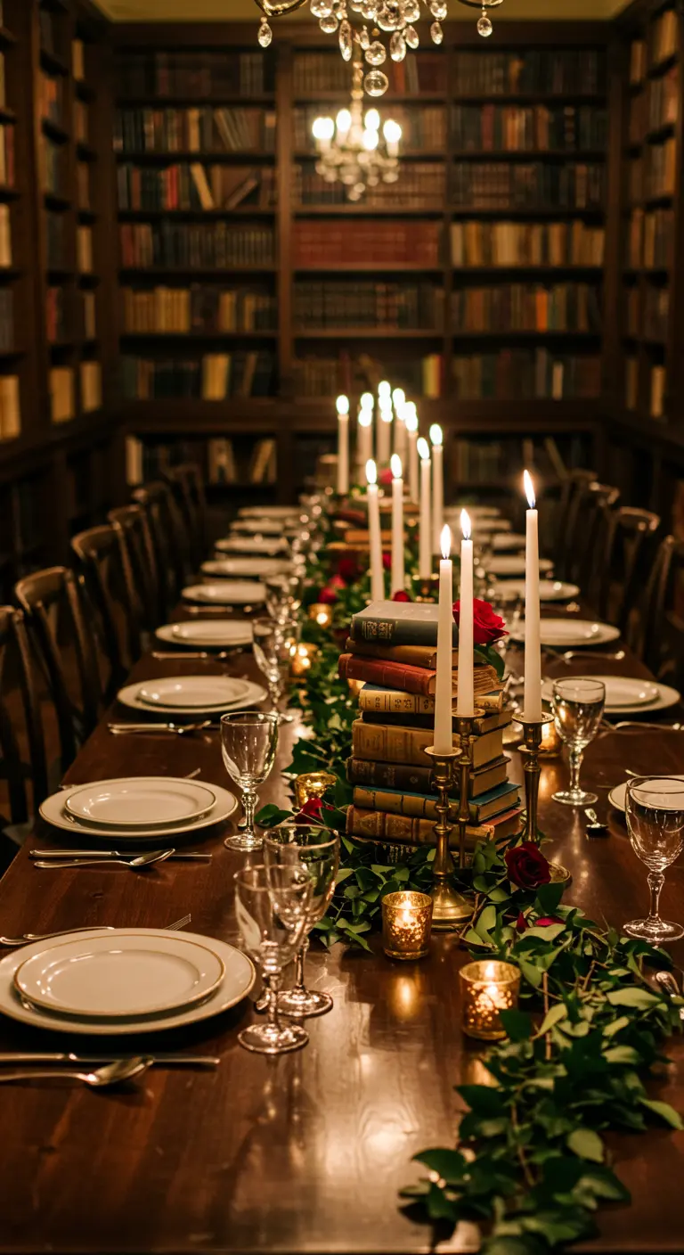 Table de mariage dans une bibliothèque, avec des livres et des chandeliers en centre de table.