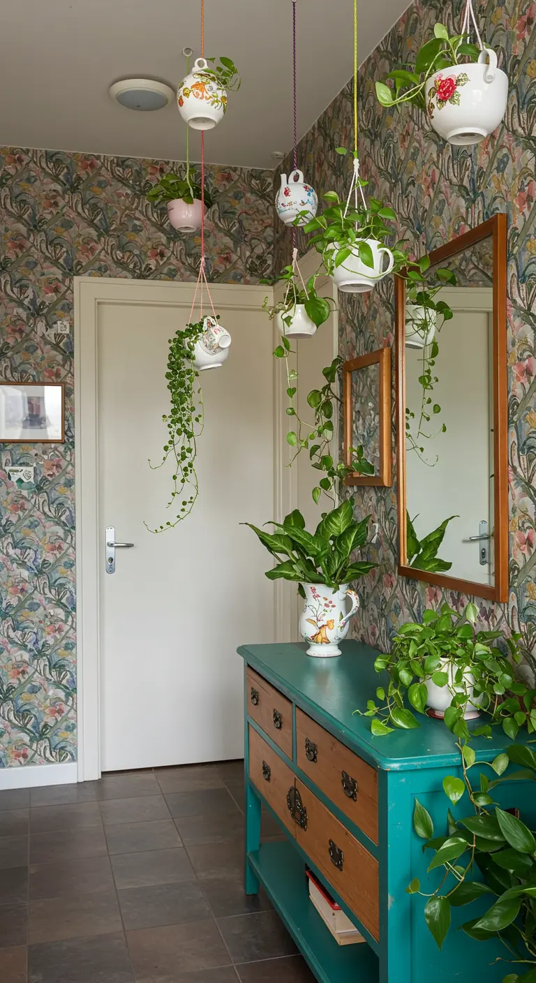 Tasses et théières anciennes transformées en pots suspendus avec des plantes vertes, dans une entrée fleurie.