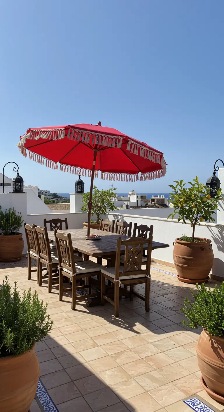 Grande terrasse blanche méditerranéenne avec parasol rouge vif et citronniers en pot.