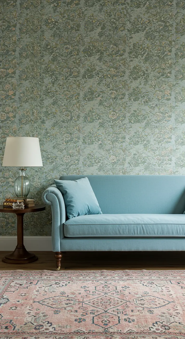 Canapé bleu ciel devant un papier peint floral, posé sur un tapis persan rose et bleu délavé.