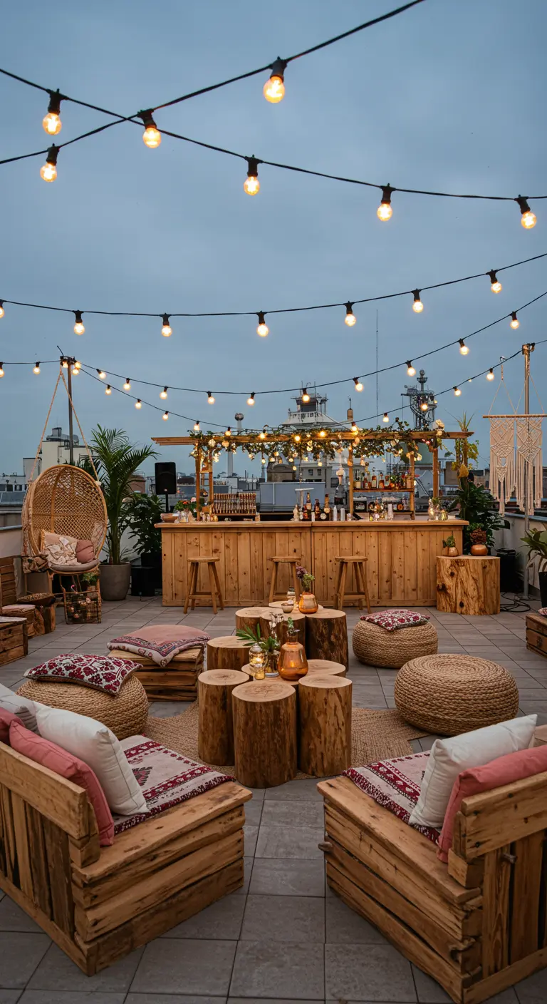 Rooftop bohème avec mobilier en bois clair, coussins ethniques, rondins de bois et fauteuil suspendu.