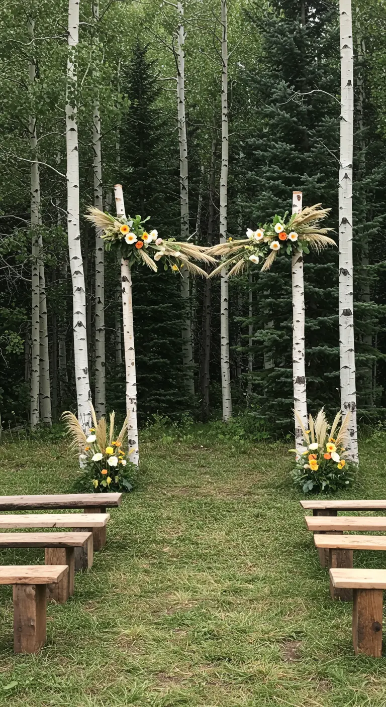 Arche de mariage faite de troncs de bouleau dans une forêt verdoyante.