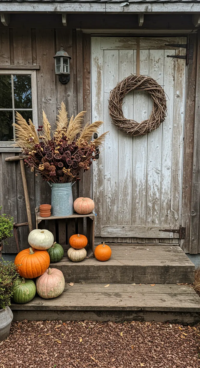 Entrée rustique avec une couronne en sarments, un bouquet séché et des citrouilles anciennes.