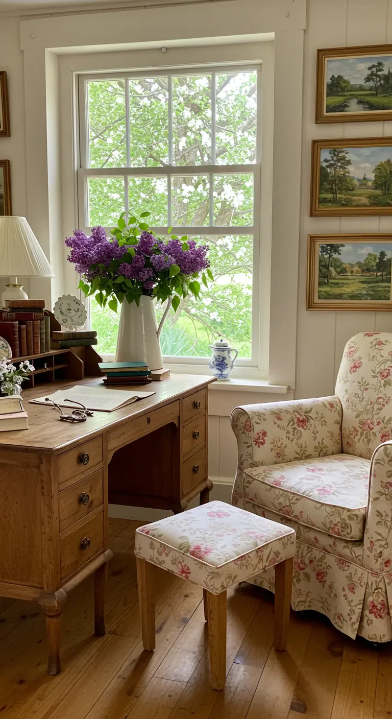 Bureau en bois de style ancien devant une fenêtre, avec un grand vase de lilas et un fauteuil fleuri.