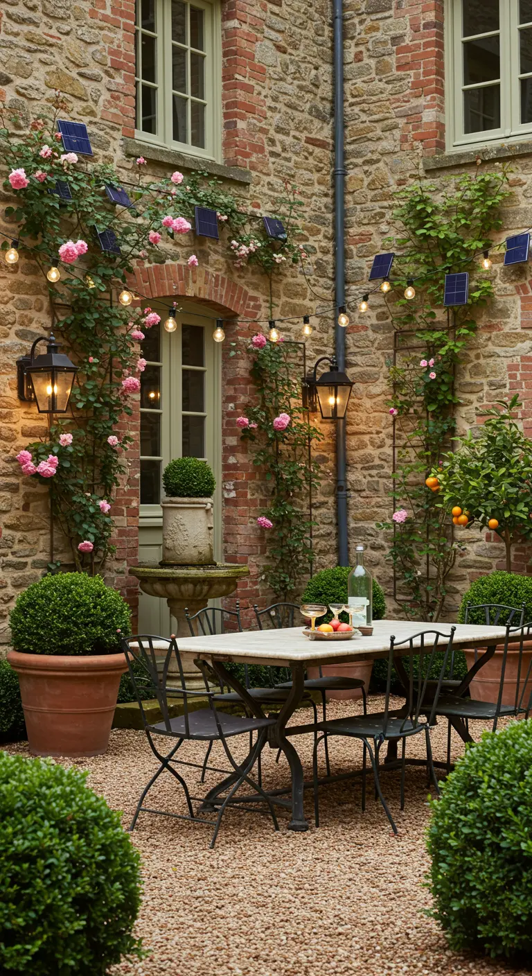 Mur de maison en pierre avec rosiers grimpants, guirlandes solaires et lanternes murales.