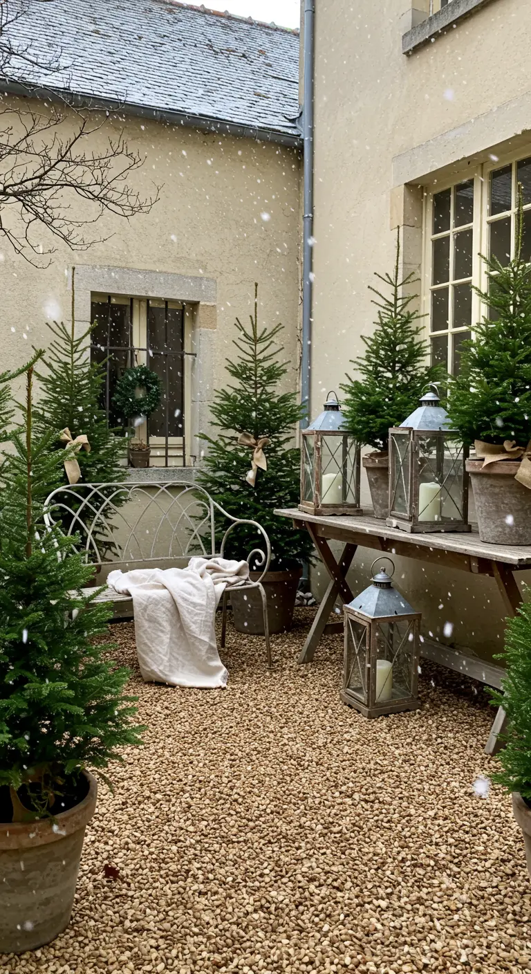 Cour avec des petits sapins en pots, un banc en fer forgé et des lanternes.