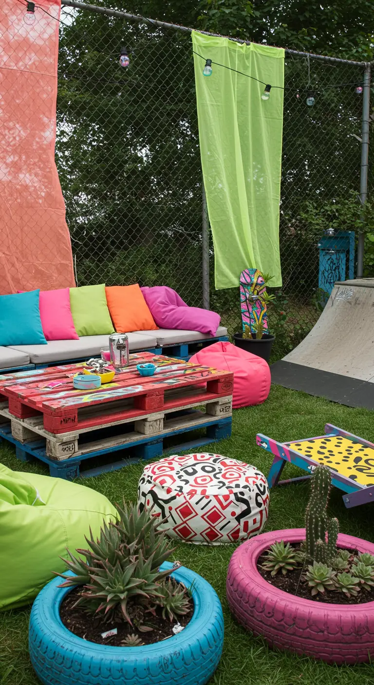 Porche classique avec salon en palettes brutes, fauteuils en rotin et fougères.