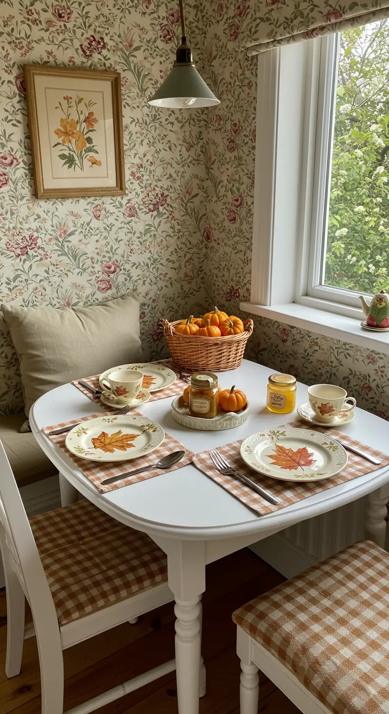 Petit coin repas de style cottage avec un panier de citrouilles et une vaisselle à motifs de feuilles.