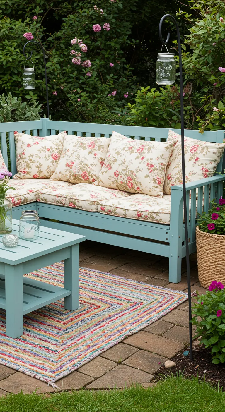 Canapé en bois bleu clair avec des coussins fleuris et un tapis multicolore dans un jardin.