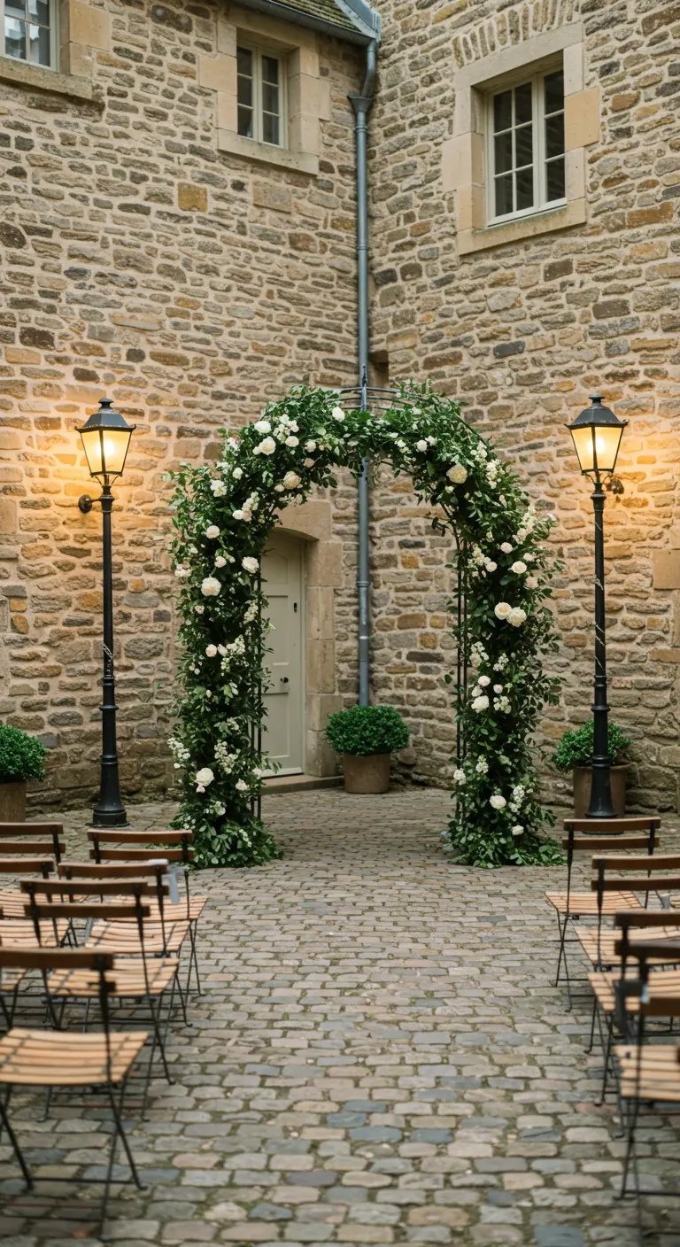 Arche en pierre ancienne recouverte de lierre, de roses blanches et de fleurs vertes, avec deux lampadaires.