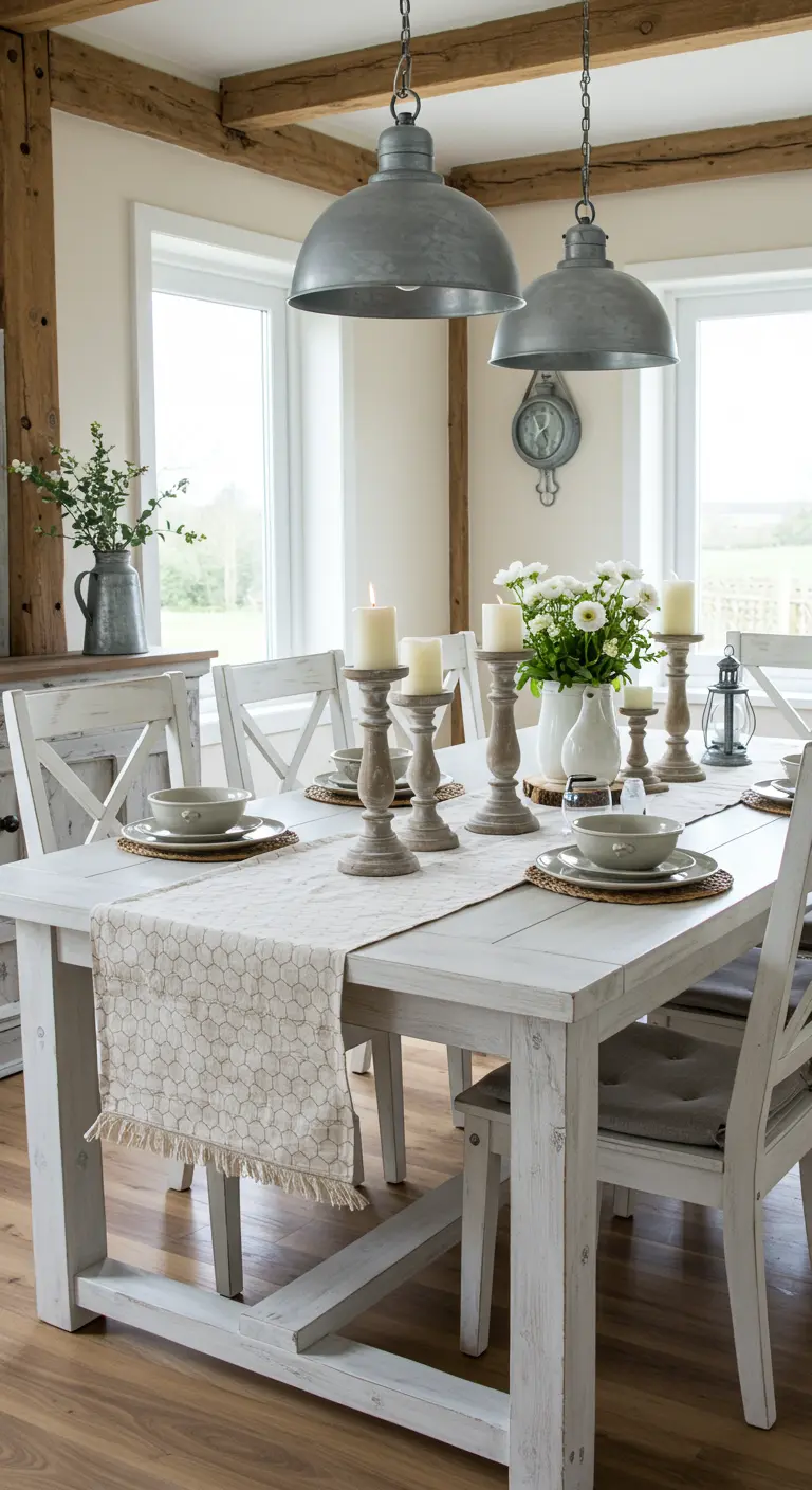 Chemin de table en tissu nid d'abeille, bougeoirs patinés et bougies sur table blanche