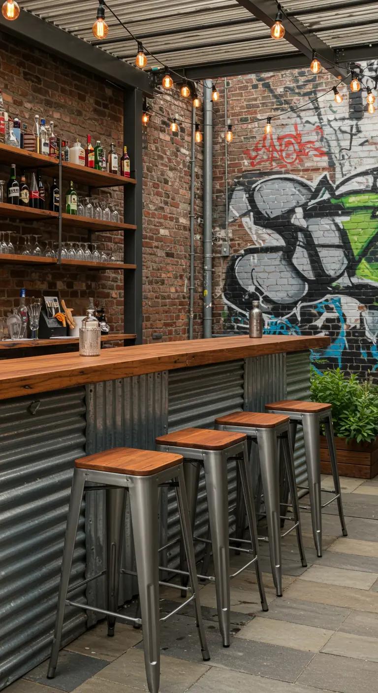 Bar de style industriel avec une base en tôle ondulée et un mur de briques.