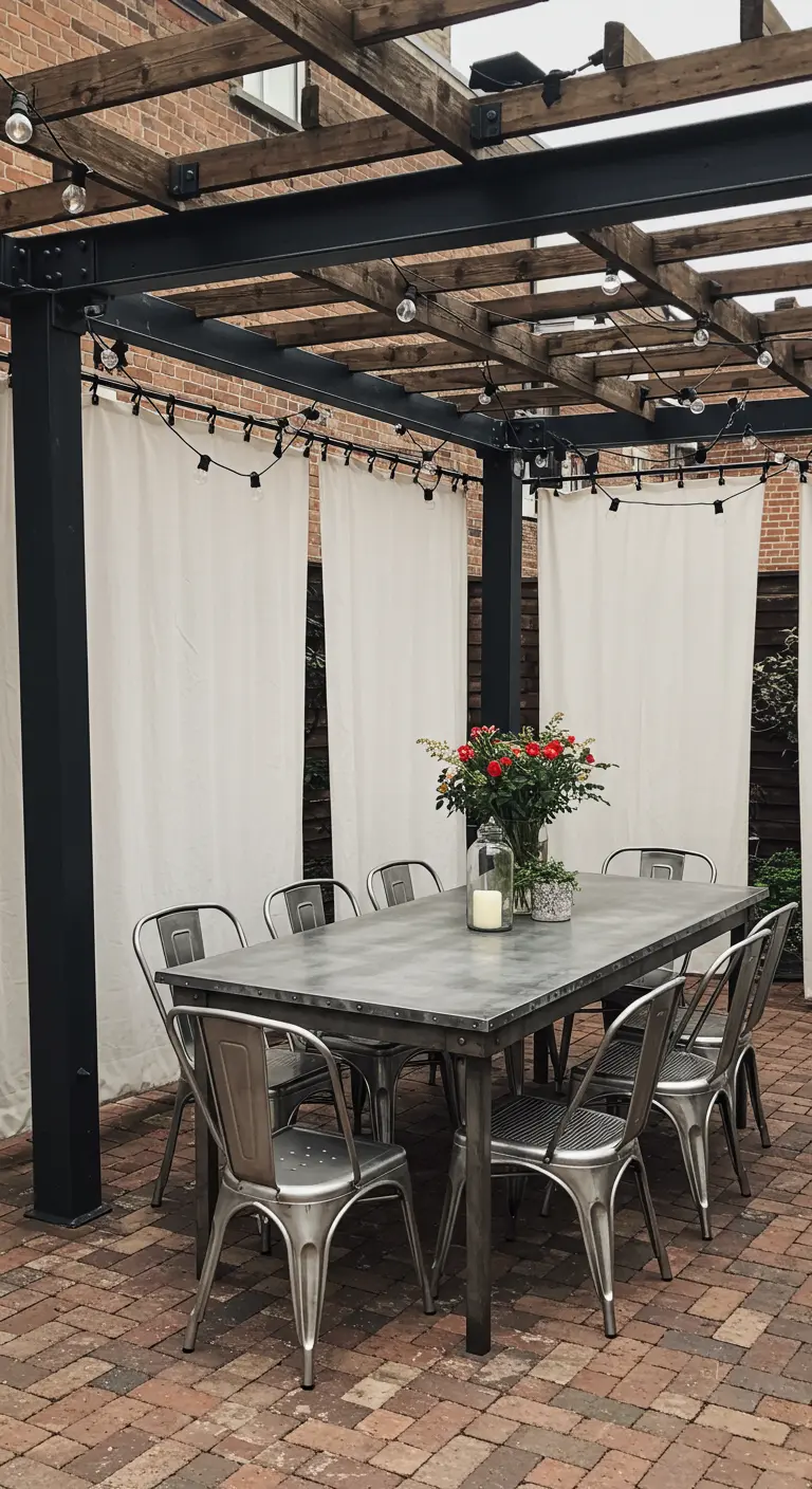 Pergola industrielle en métal noir avec une table et des chaises en acier