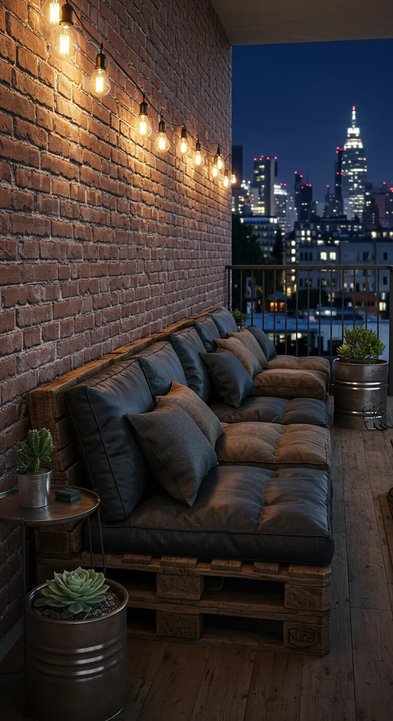 Banquette en palettes sur balcon urbain en briques, coussins sombres et guirlande lumineuse.