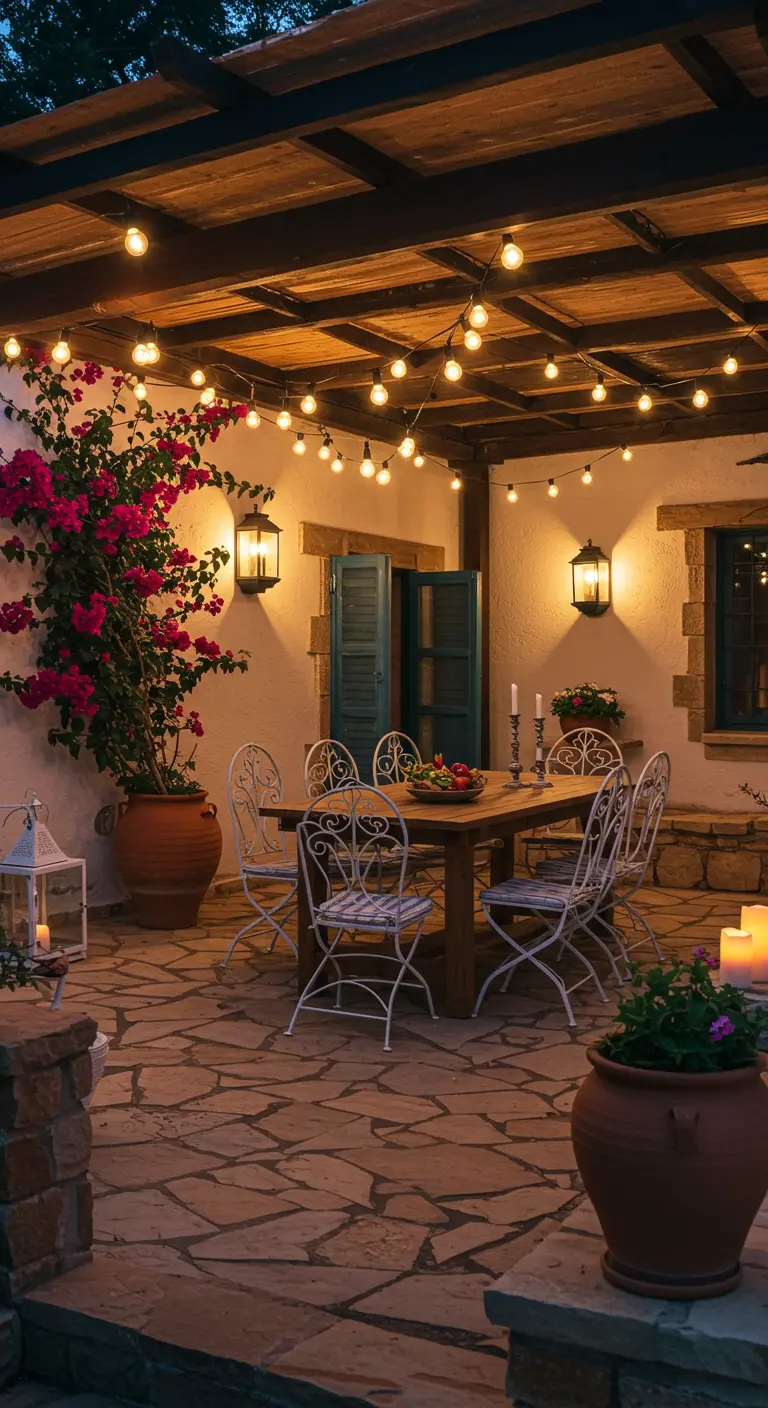 Patio méditerranéen fleuri de bougainvillée, guirlandes lumineuses, lanternes murales, et bougies sur table.