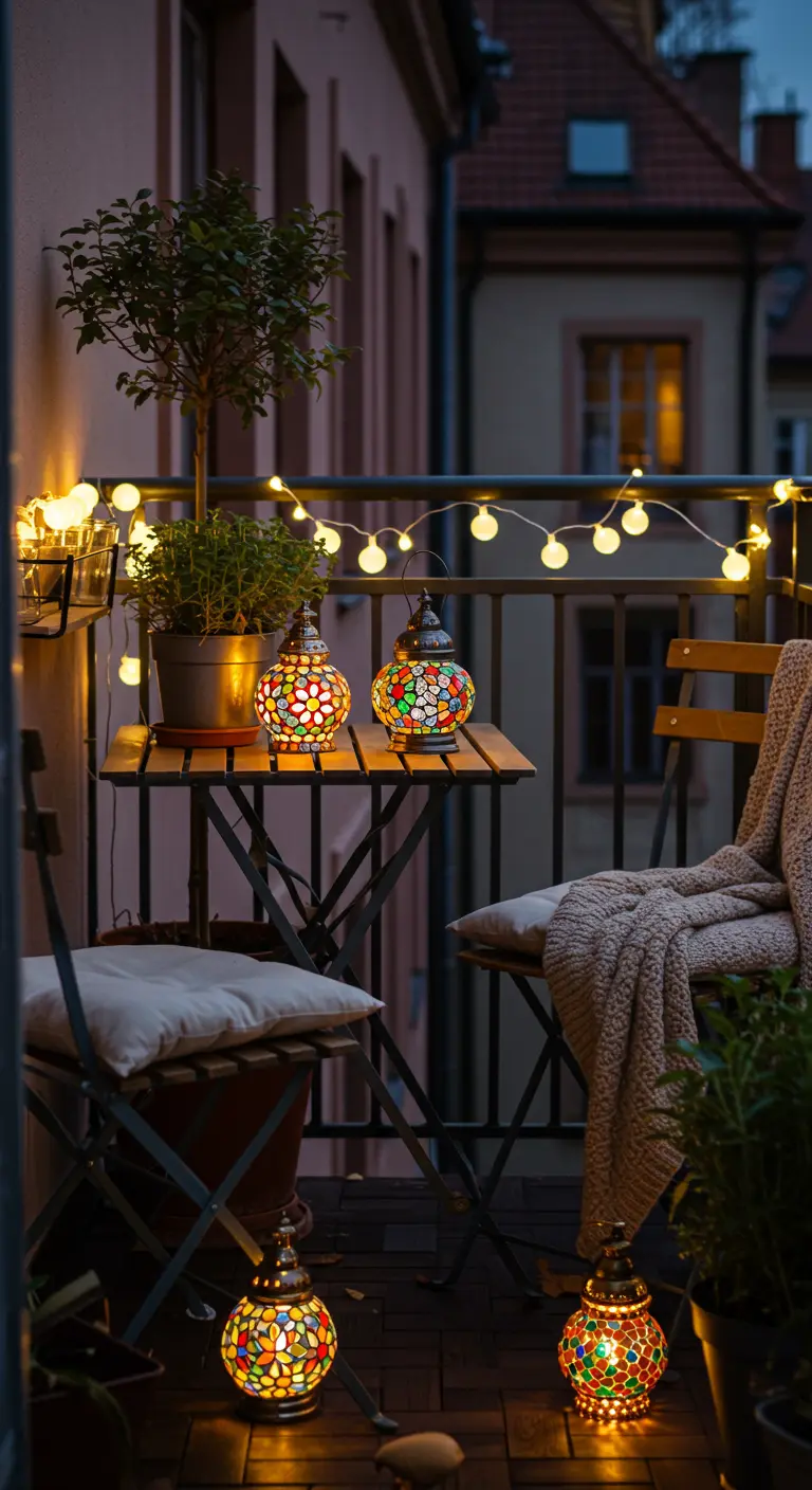 Petit balcon décoré de lanternes en mosaïque colorées, d'une guirlande lumineuse et d'une plante en pot.