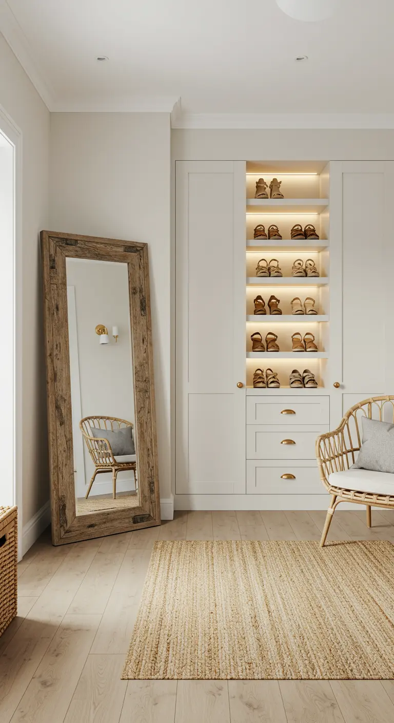 Dressing blanc avec un grand miroir au sol encadré de bois brut et un tapis en jute.