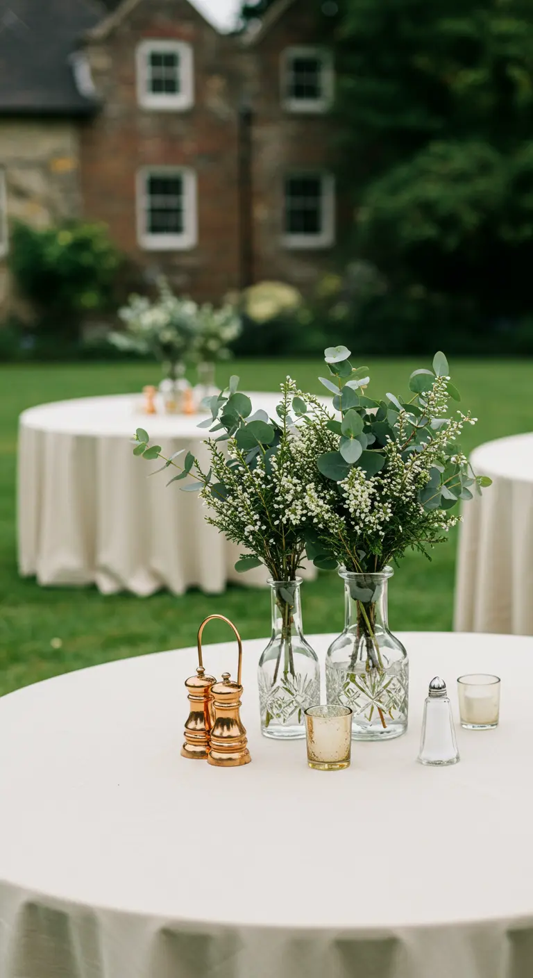 Table de jardin avec des bouquets d'eucalyptus et des accessoires de table en cuivre.