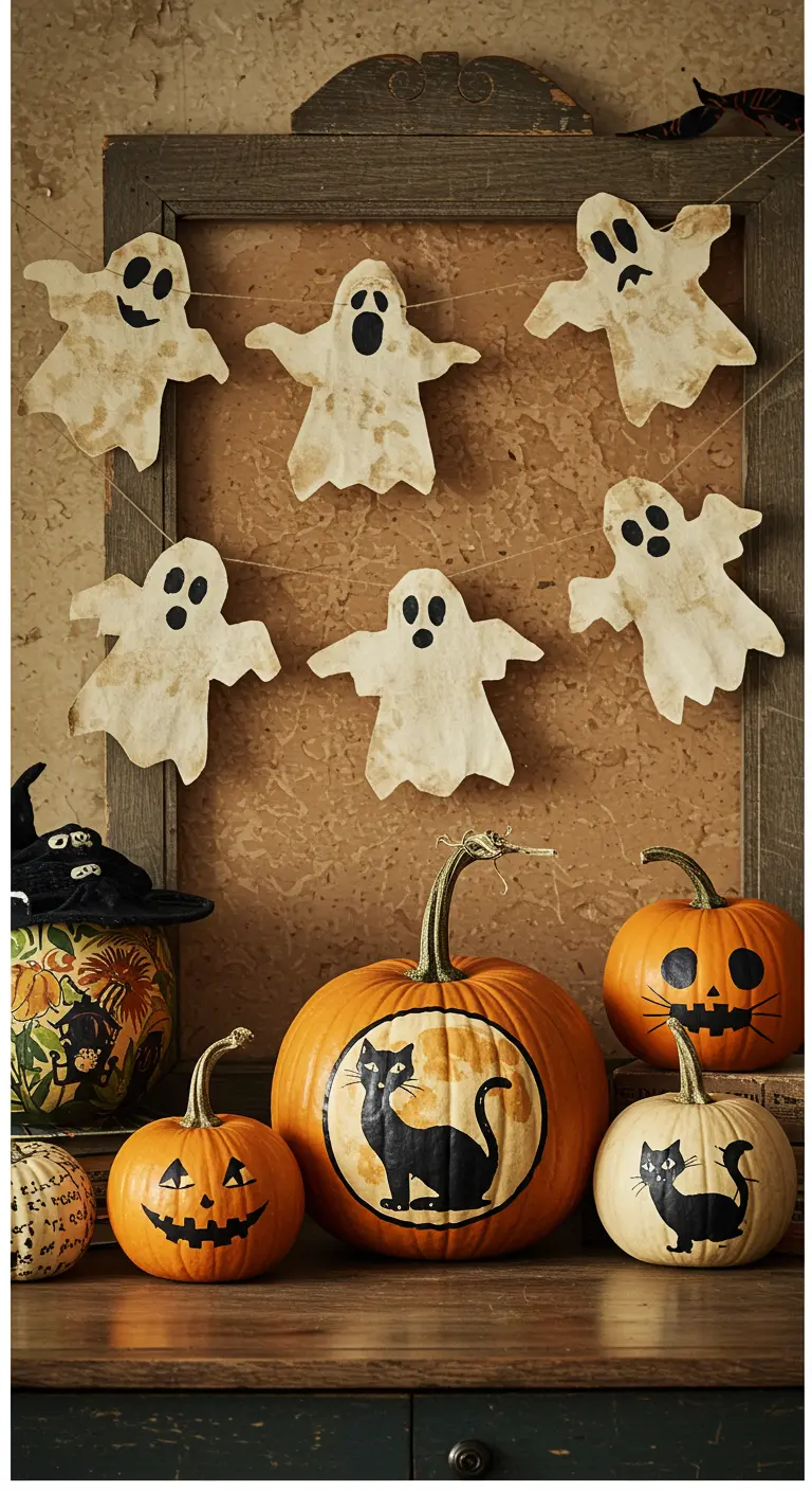 Décoration d'Halloween vintage avec des citrouilles peintes de chats noirs.