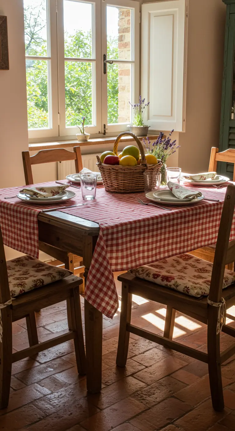 Table en bois avec nappe vichy rouge et panier de fruits et lavande.