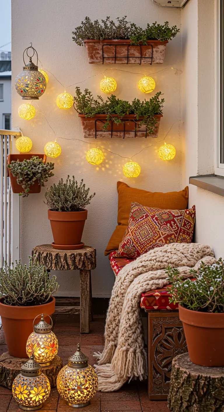 Balcon bohème rustique avec pots en terre cuite, textiles, tabourets en rondins et lanternes. 
