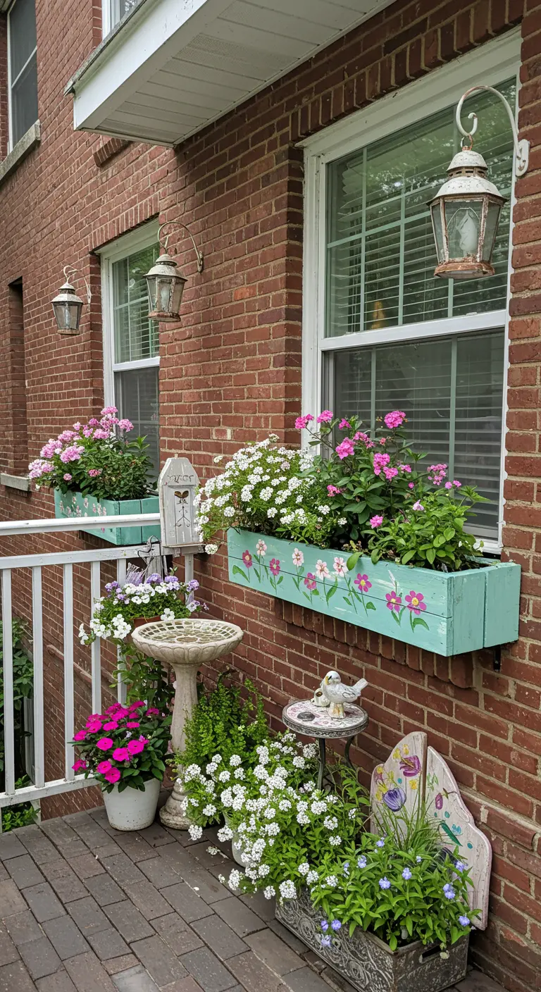 Façade en briques avec jardinières peintes, fleurs roses et blanches, lanternes et bain d'oiseaux