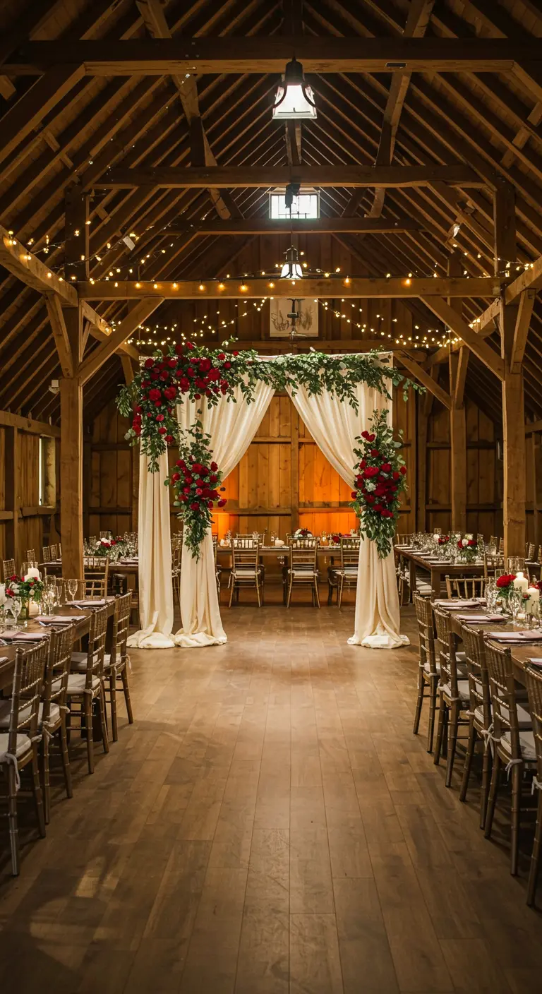 Arche drapée et fleurie de rouge et vert dans une grange en bois avec guirlandes lumineuses.