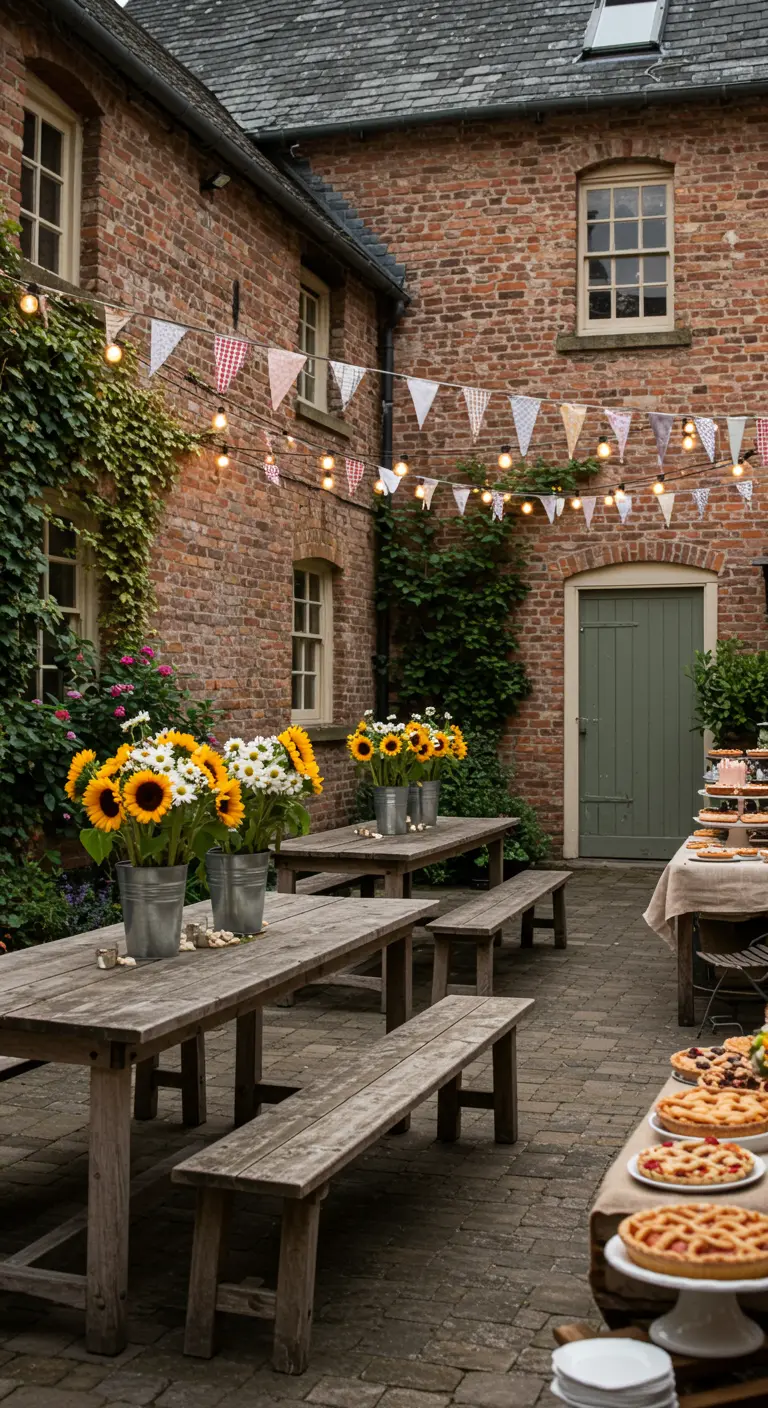 Cour intérieure en briques avec tables en bois, bouquets de tournesols, guirlandes de fanions et lumineuses.
