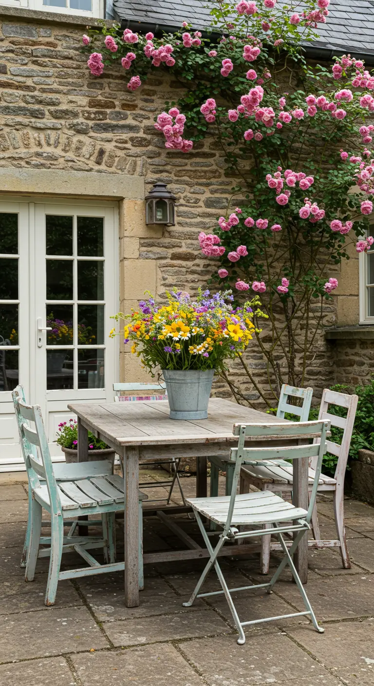 Table et chaises en bois rustiques sur un patio en pierre avec un seau de fleurs sauvages.