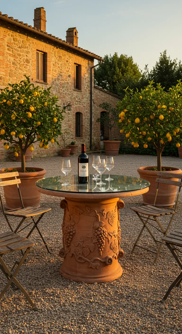 Table avec pied en terre cuite sculptée dans une cour italienne.