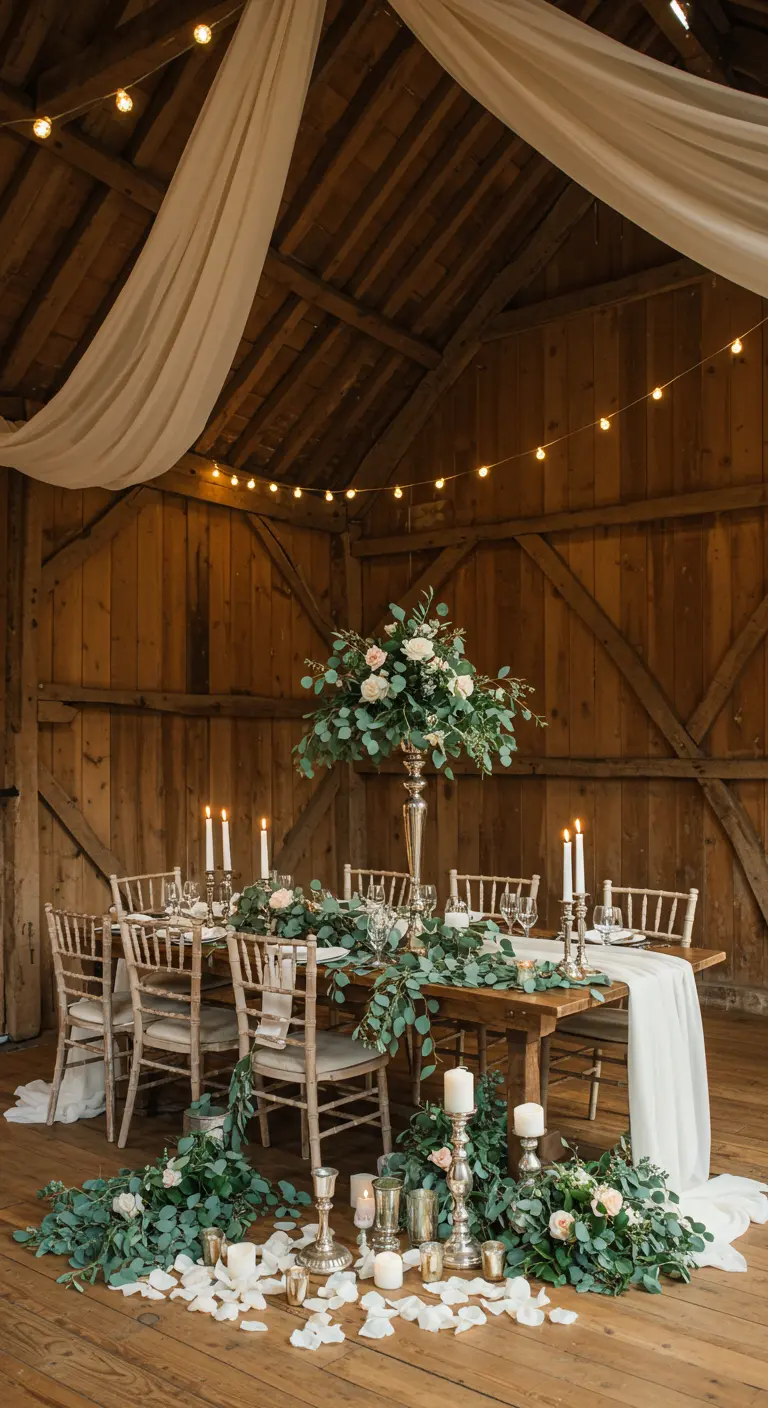 Table de dîner dans une grange en bois avec un centre de table en eucalyptus.