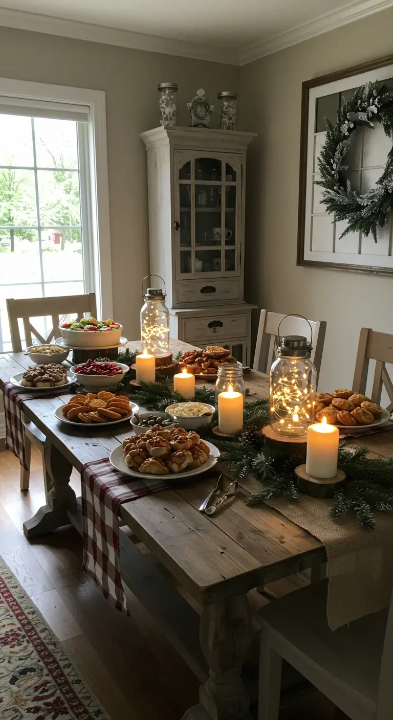 Buffet rustique de Noël, chemin de table à carreaux, guirlandes de sapin, bocaux lumineux.