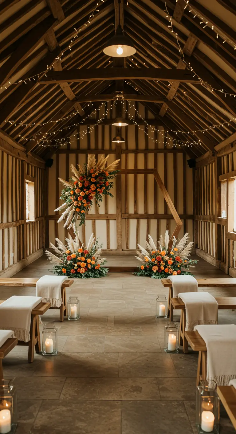 Arche florale asymétrique dans une grange rustique illuminée.