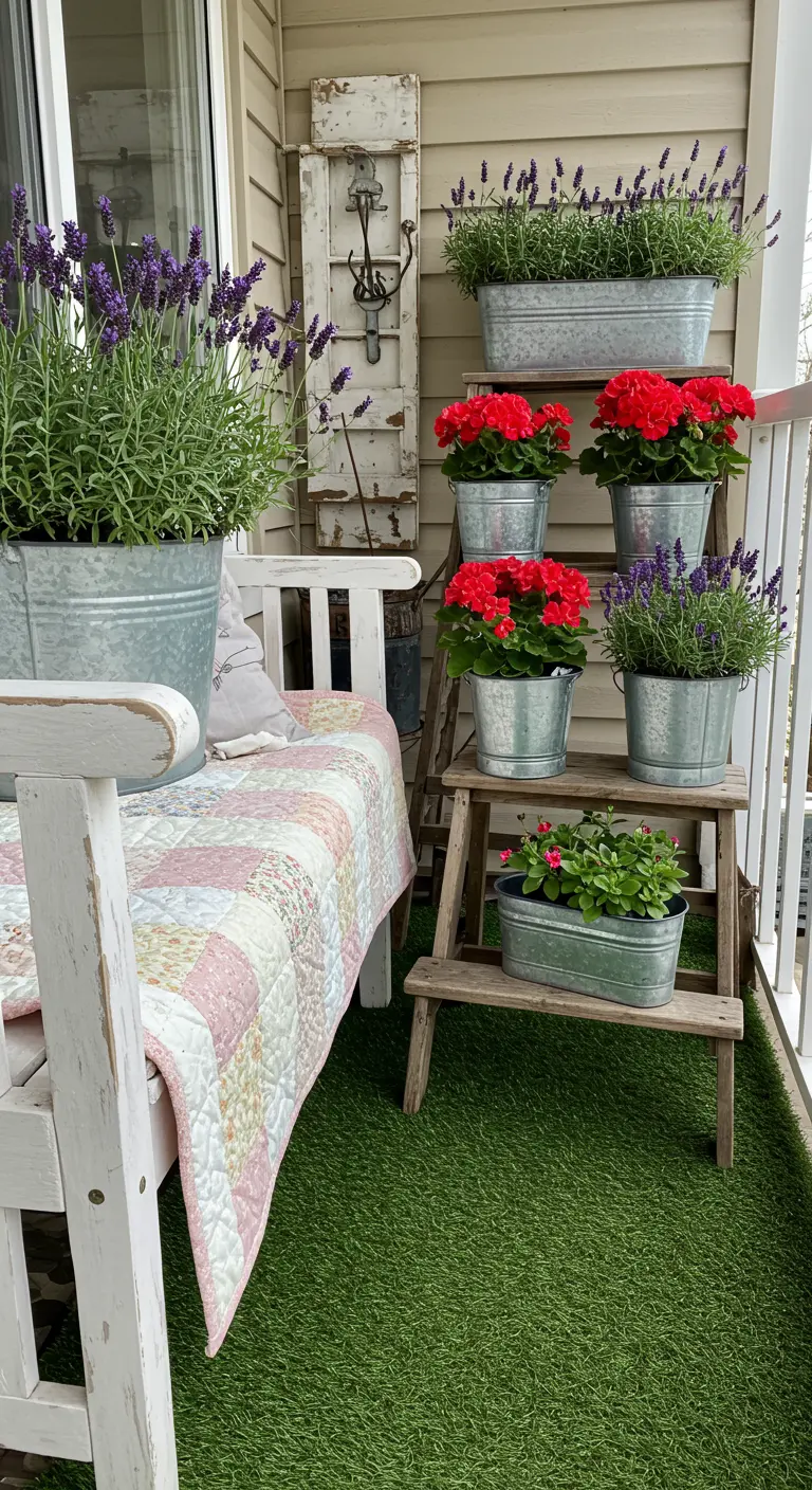 Balcon de style cottage avec des pots galvanisés de lavande et de géraniums rouges.