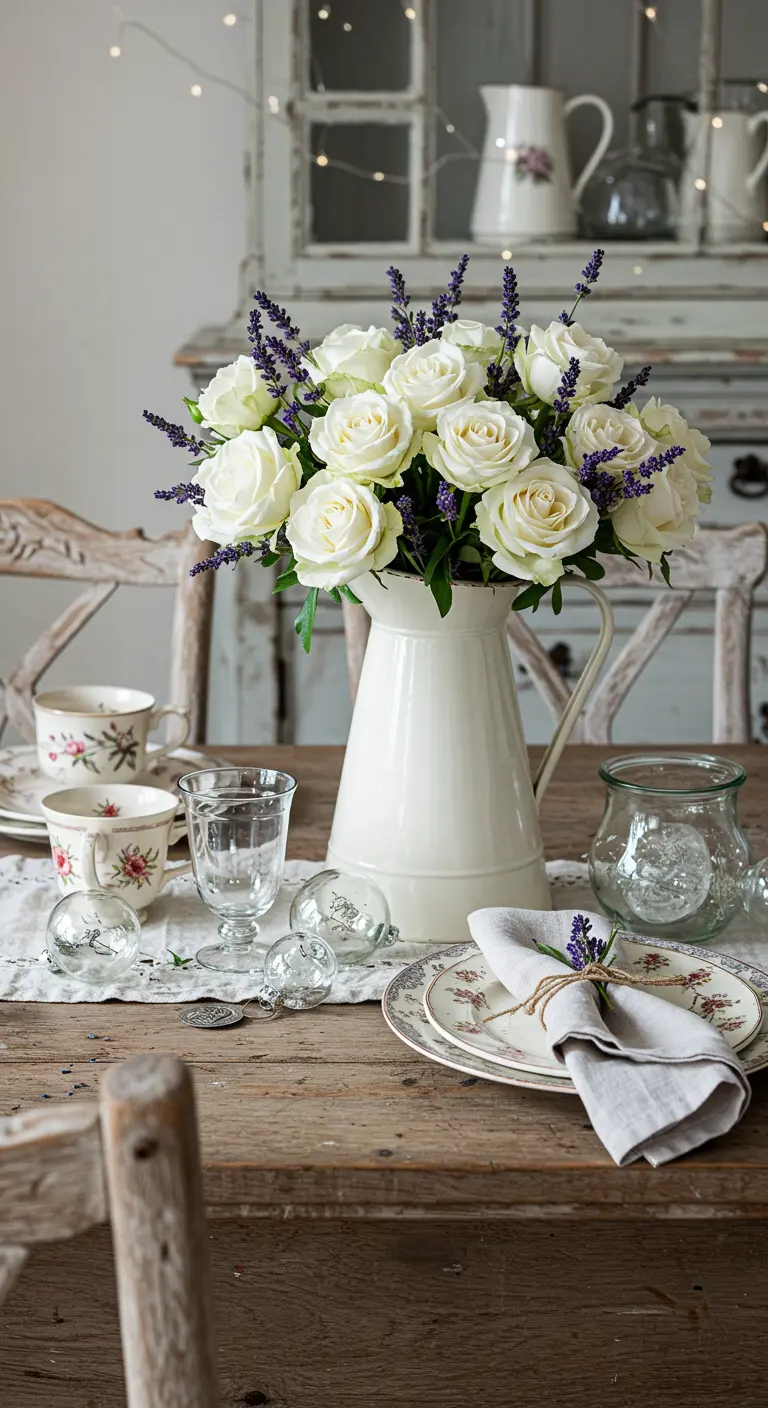 Bouquet de roses blanches et lavande dans un pichet sur une table en bois rustique.