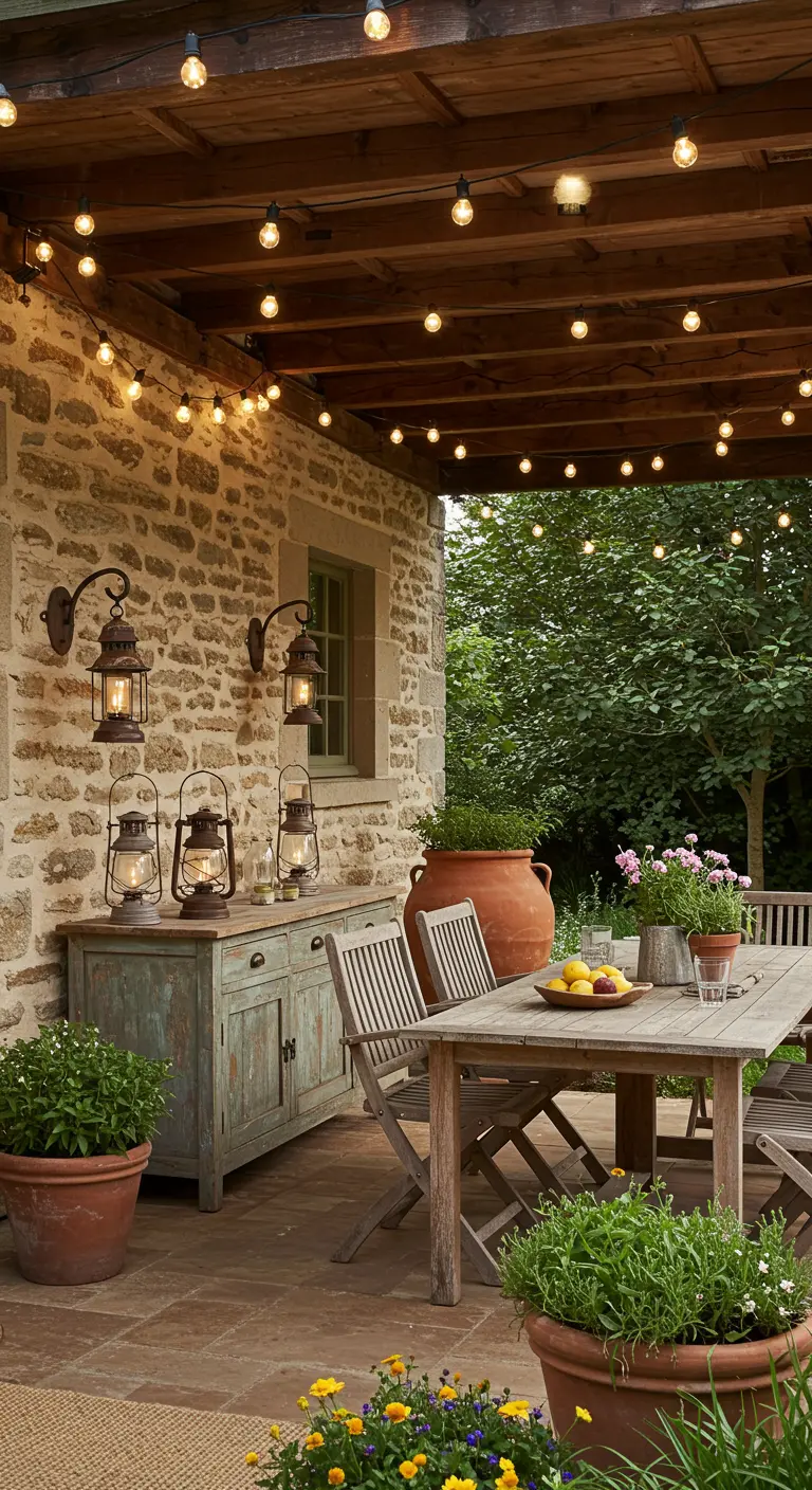 Patio en pierre rustique avec guirlandes solaires et lanternes vintage sur buffet.