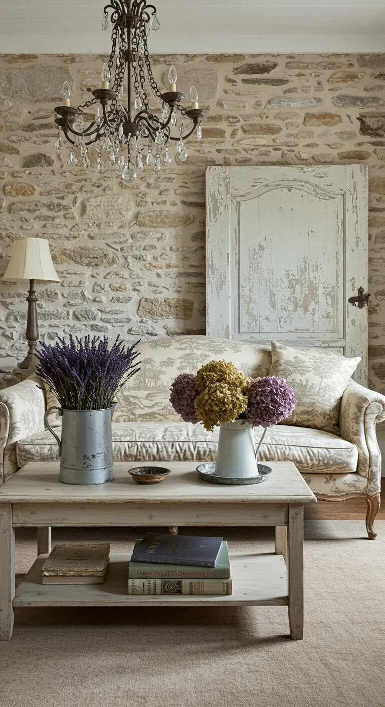 Salon shabby chic avec un mur en pierres rustiques et un canapé fleuri.