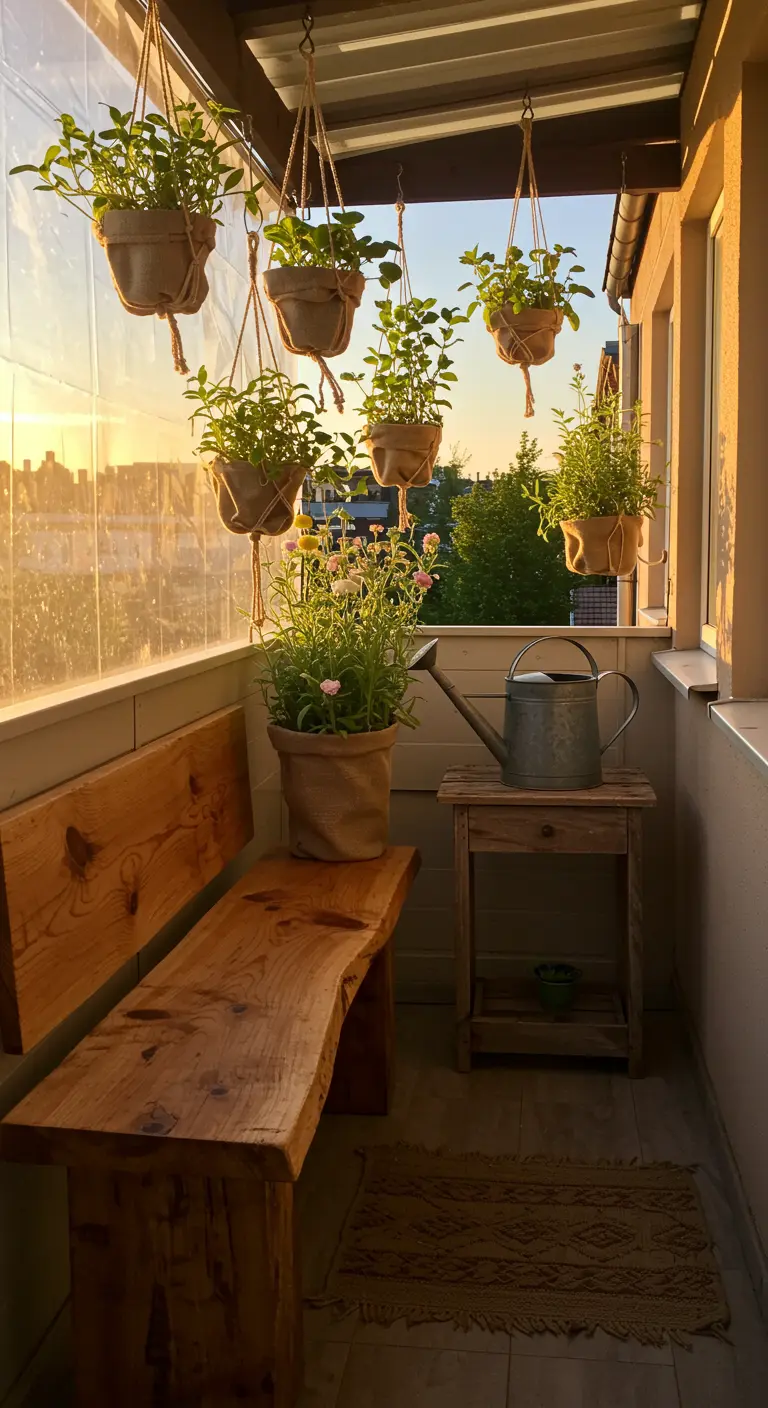 Banc en bois brut sur un balcon avec des plantes dans des pots en toile de jute.