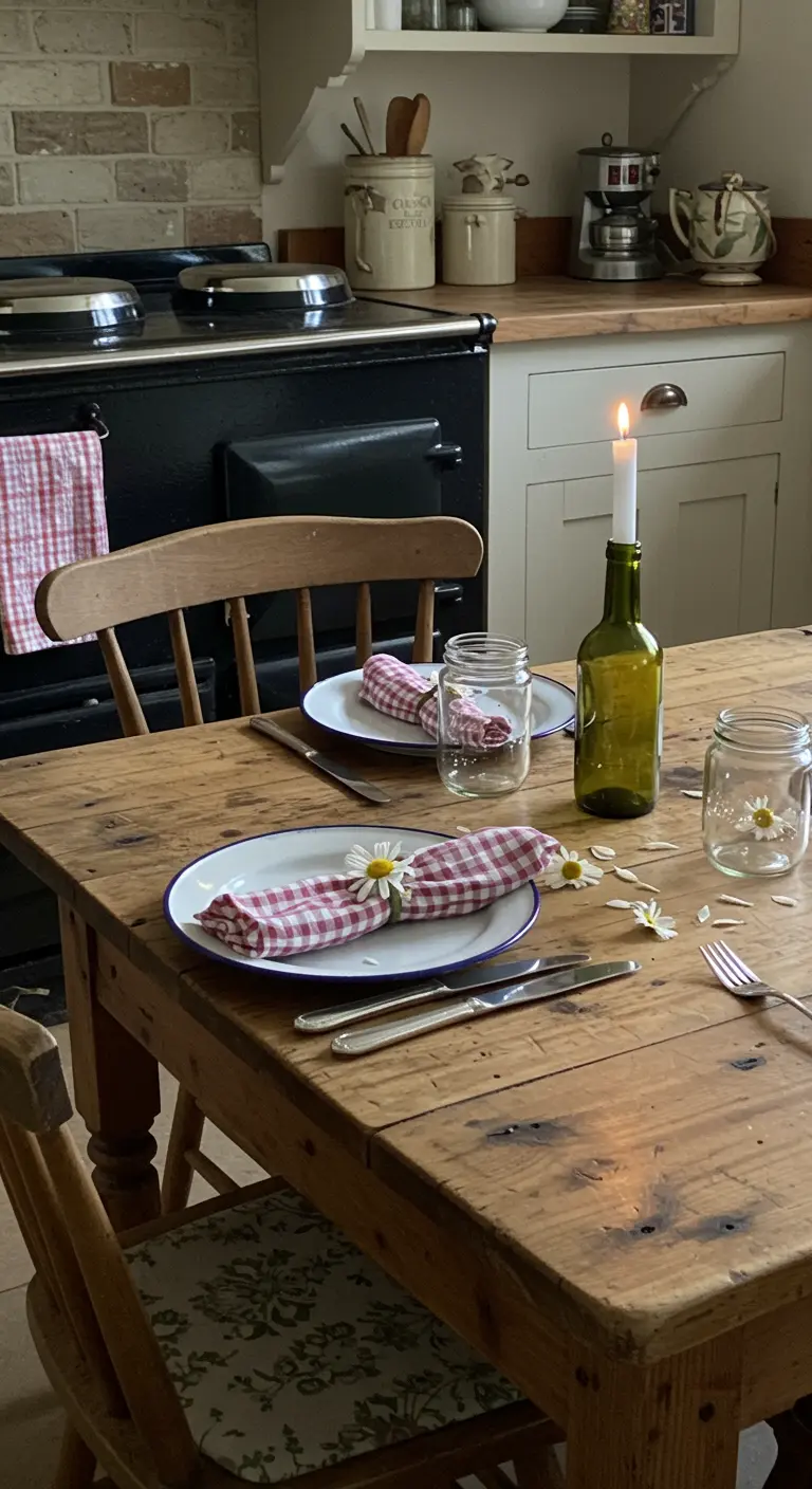 Table de cuisine rustique en bois avec des serviettes vichy et une bougie dans une bouteille.