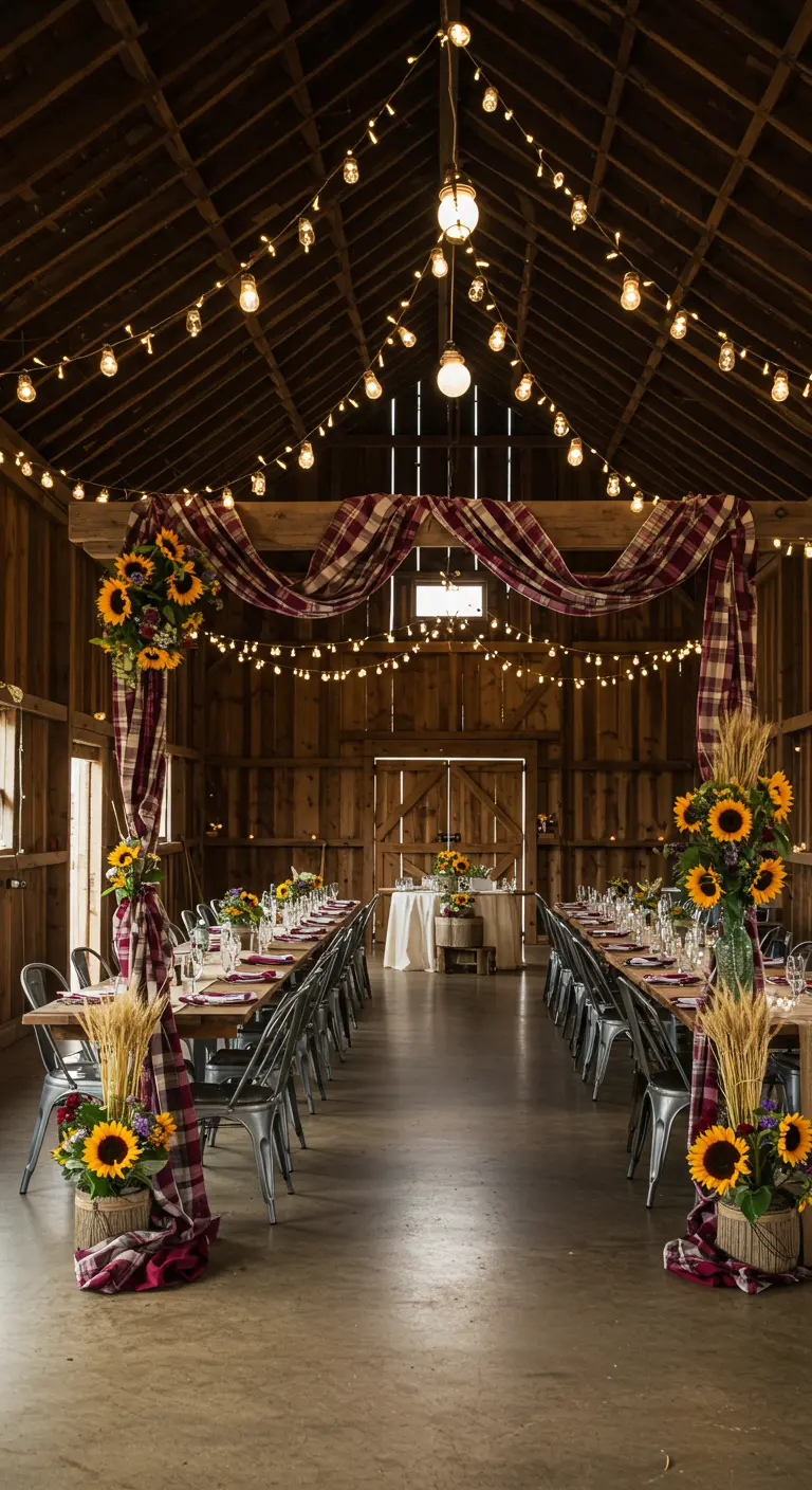 Arche de mariage dans une grange avec tissu vichy rouge/blanc, tournesols et guirlandes lumineuses.
