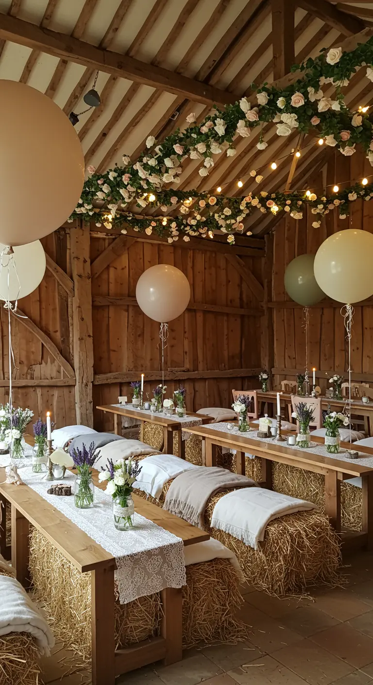 Intérieur de grange rustique avec bottes de paille, tables en bois, guirlandes de roses et lumières douces.