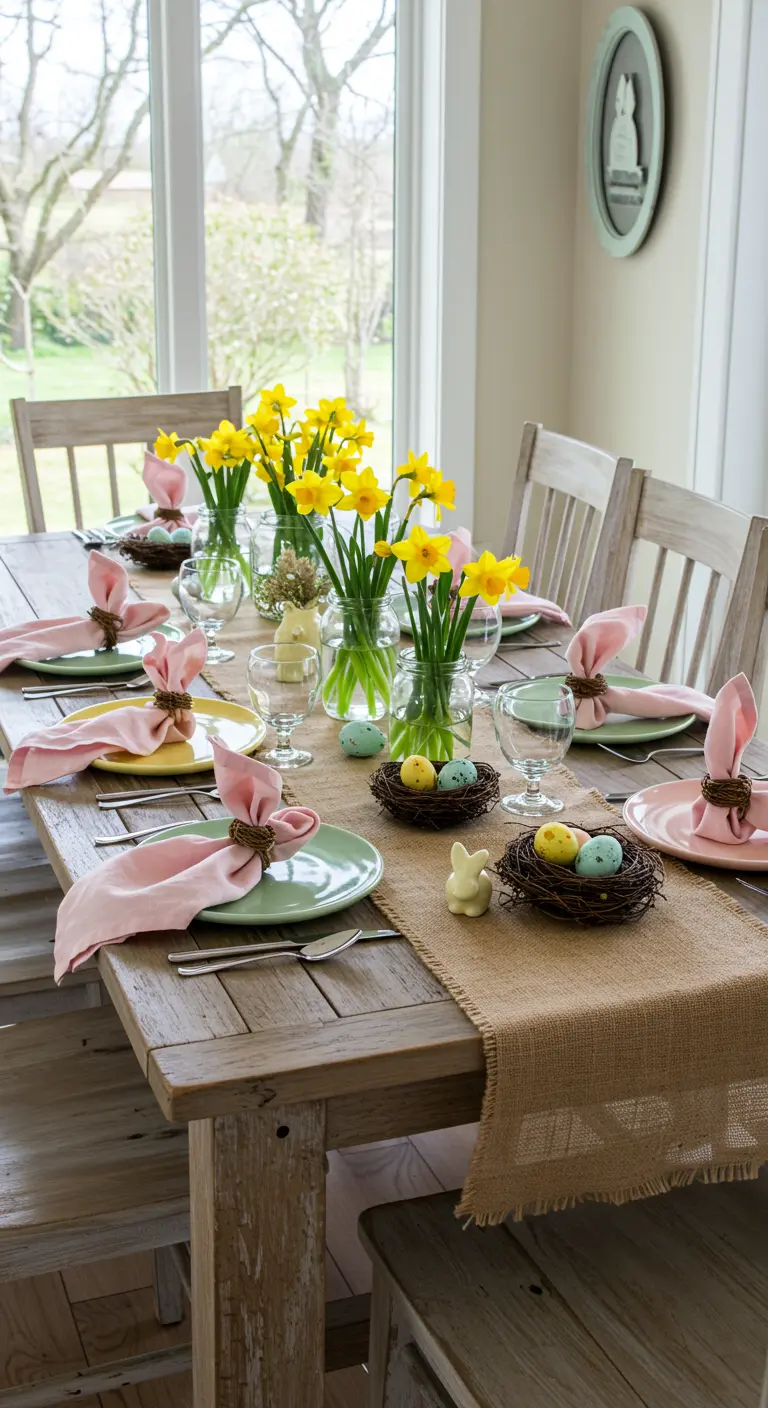 Table de Pâques rustique avec chemin de table en toile de jute et jonquilles.