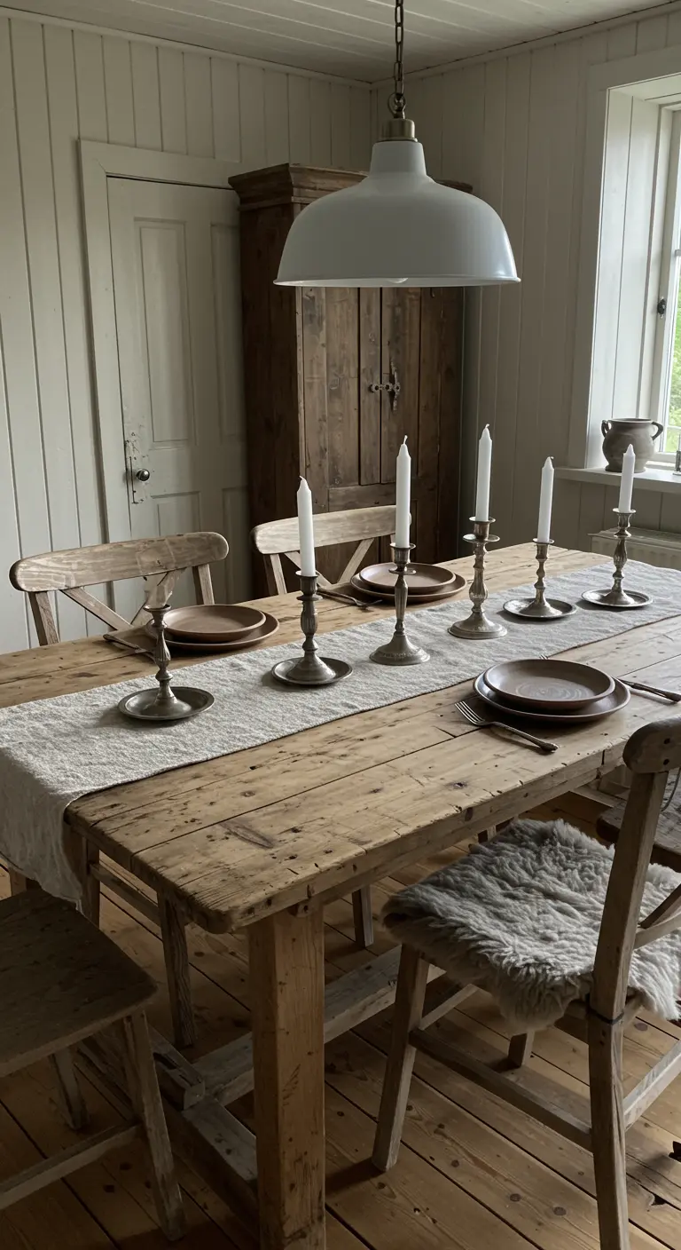 Table de Noël rustique en bois brut avec des bougeoirs en métal vieilli.