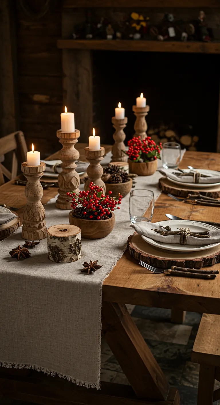 Table de Noël rustique avec des sous-assiettes en rondins de bois, des bougeoirs en bois et du houx.