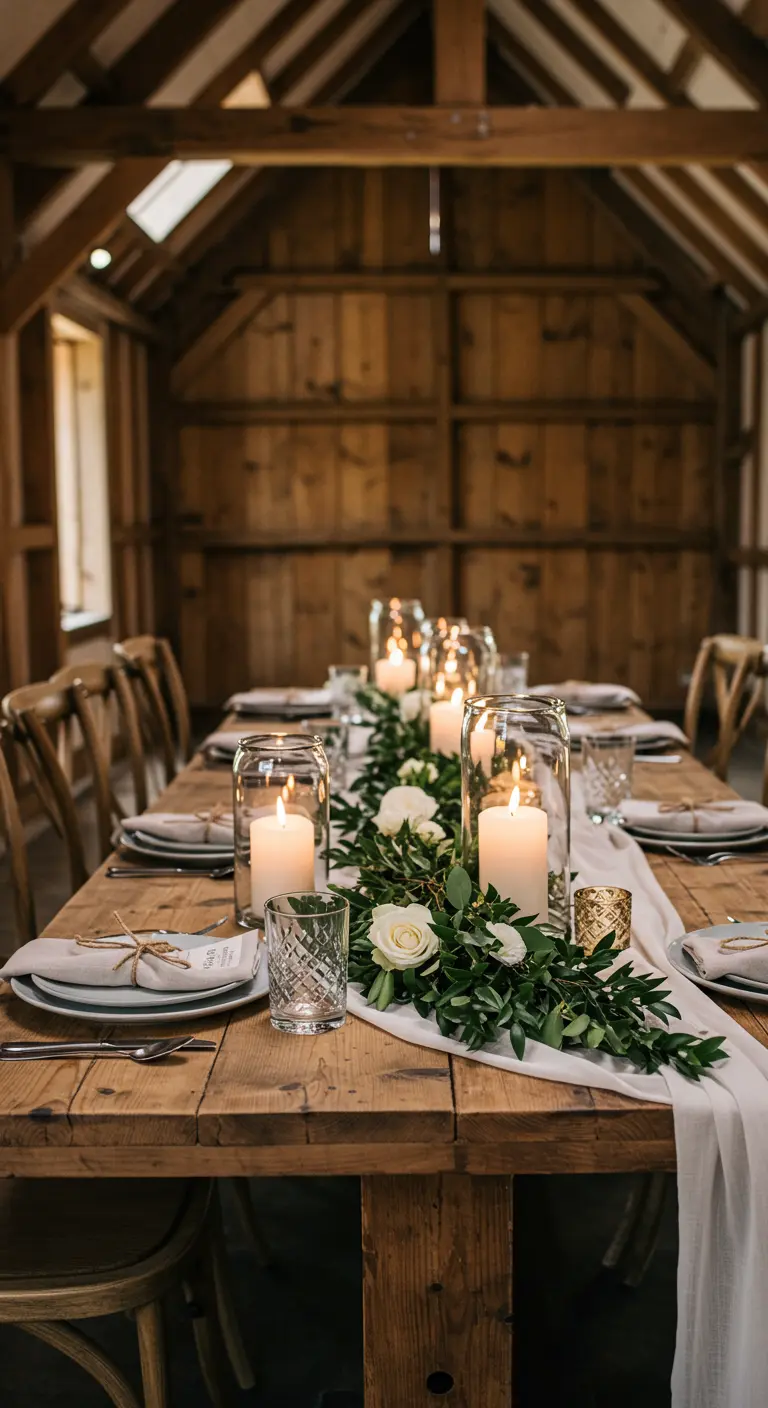 Longue table en bois rustique décorée de bougies en bocaux et de guirlandes de feuillage.