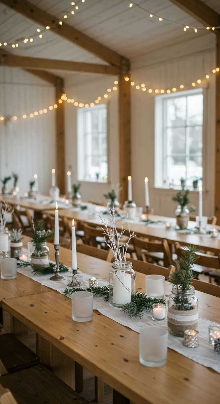 Tables de mariage rustiques en bois clair, centres de table simples avec bougies et branches.