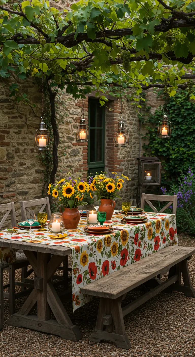 Table de ferme sous une treille, nappe fleurie de tournesols, lanternes suspendues et vases en terre cuite.